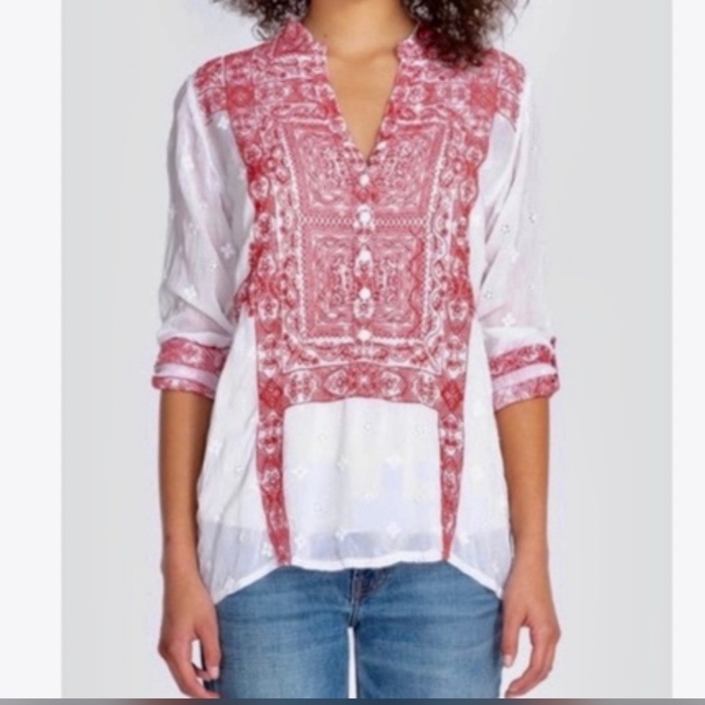 Johnny Was Whisper Embroidered blouse size Small White Red Tunic Cupra Rayon